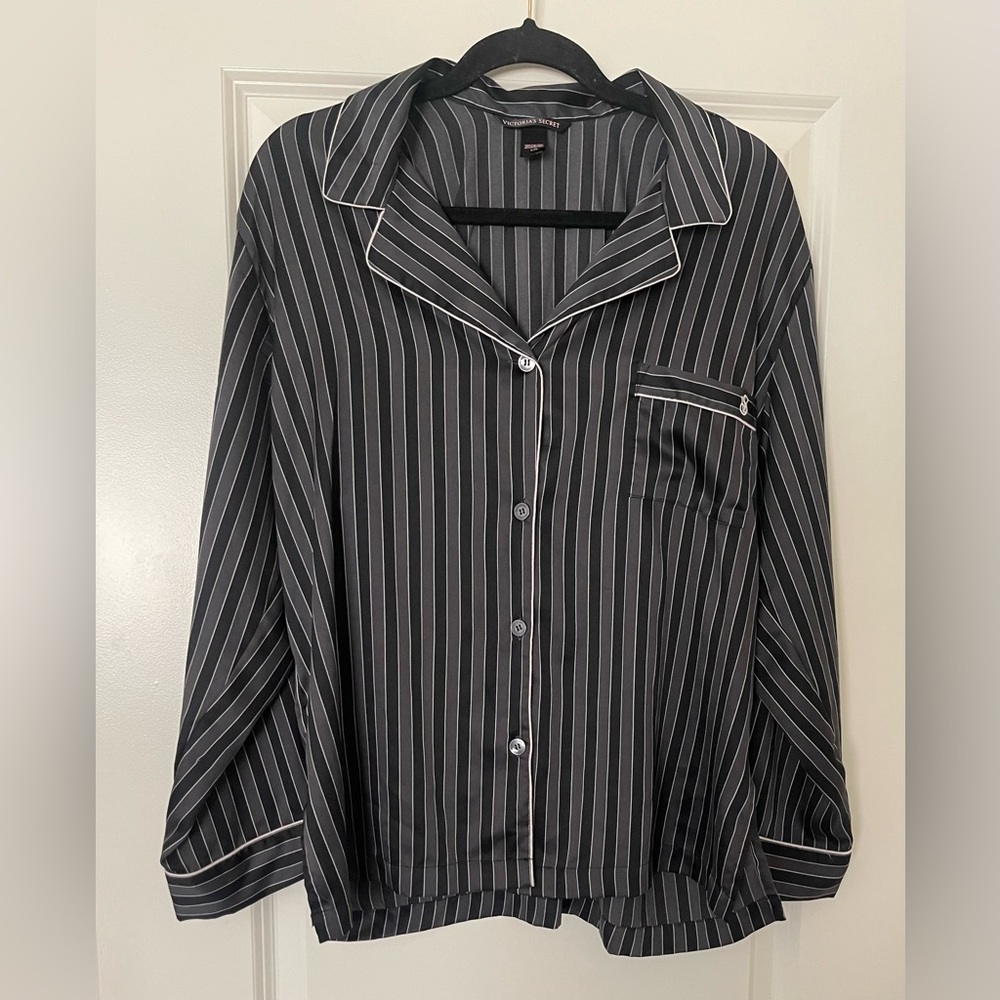 Victoria's Secret Black Striped Pajama Top In Black and Gray, Chest Pocket